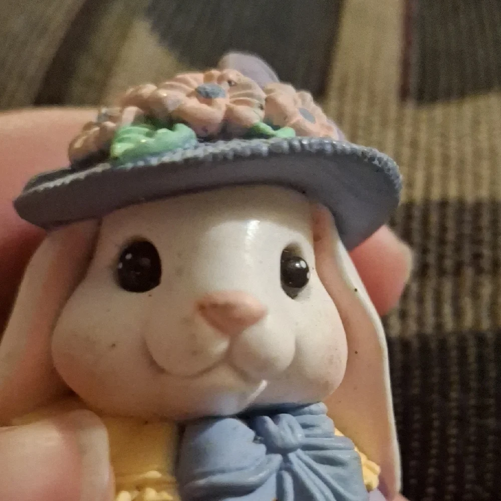 Pastel Bunny Figurine in Lavender Dress Blue Hat - Holiday Table Decor Easter